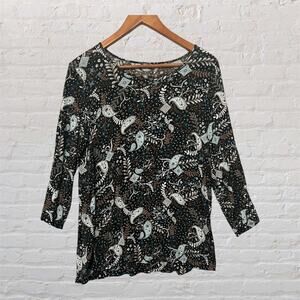 Preswick & Moore Black Multi Color 3/4 Sleeve Paisley Round Neck Stretch Top Med